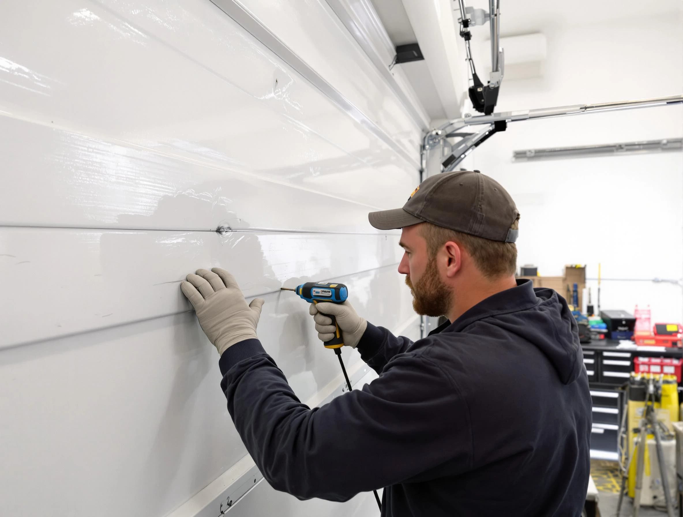 Fairfield Garage Door Repair technician demonstrating precision dent removal techniques on a Fairfield garage door
