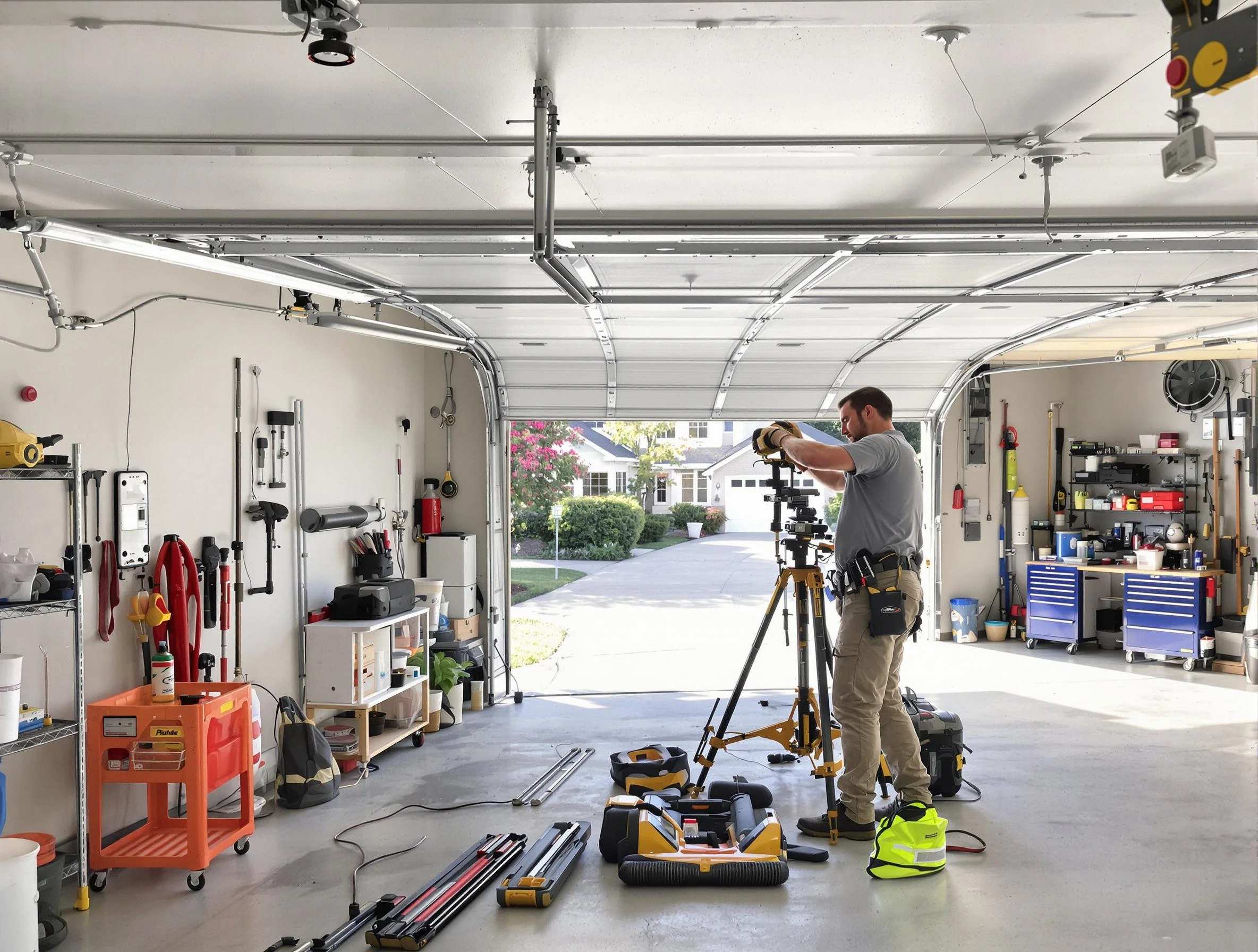 Fairfield Garage Door Repair specialist performing laser-guided track alignment in Fairfield